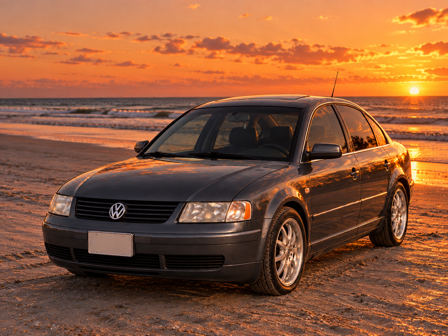 Recreated image of the owner's grey Volkswagen Passat parked on a beach at sunset
